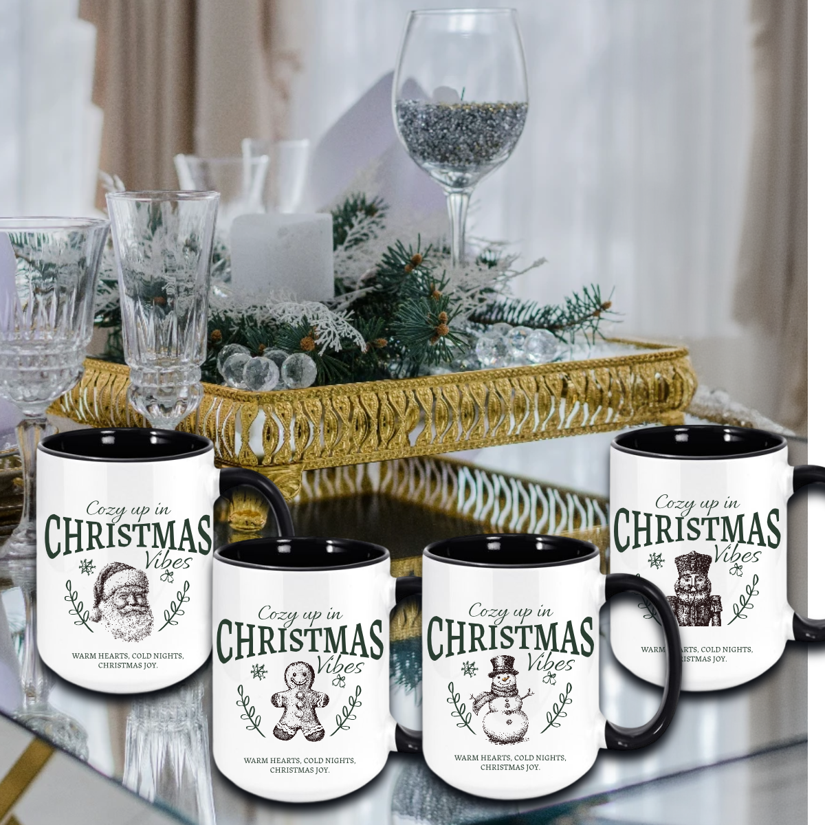 Cozy Up in Christmas Vibes Mug Collection | Vintage Holiday Mug Set | Santa • Gingerbread • Snowman • Teddy Bear