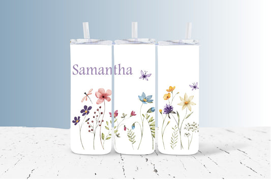 Personalized Floral Tumbler – Custom Name Stainless Steel Cup with Straw